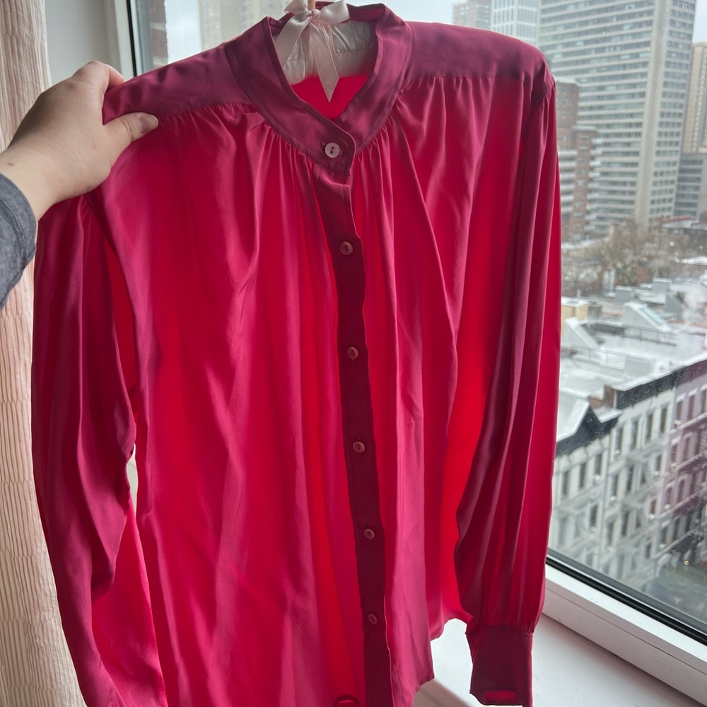 Saint Laurent Rive Gauche Hot Pink Silk vintage button up blouse Size 2 Feminine - Picture 9 of 14